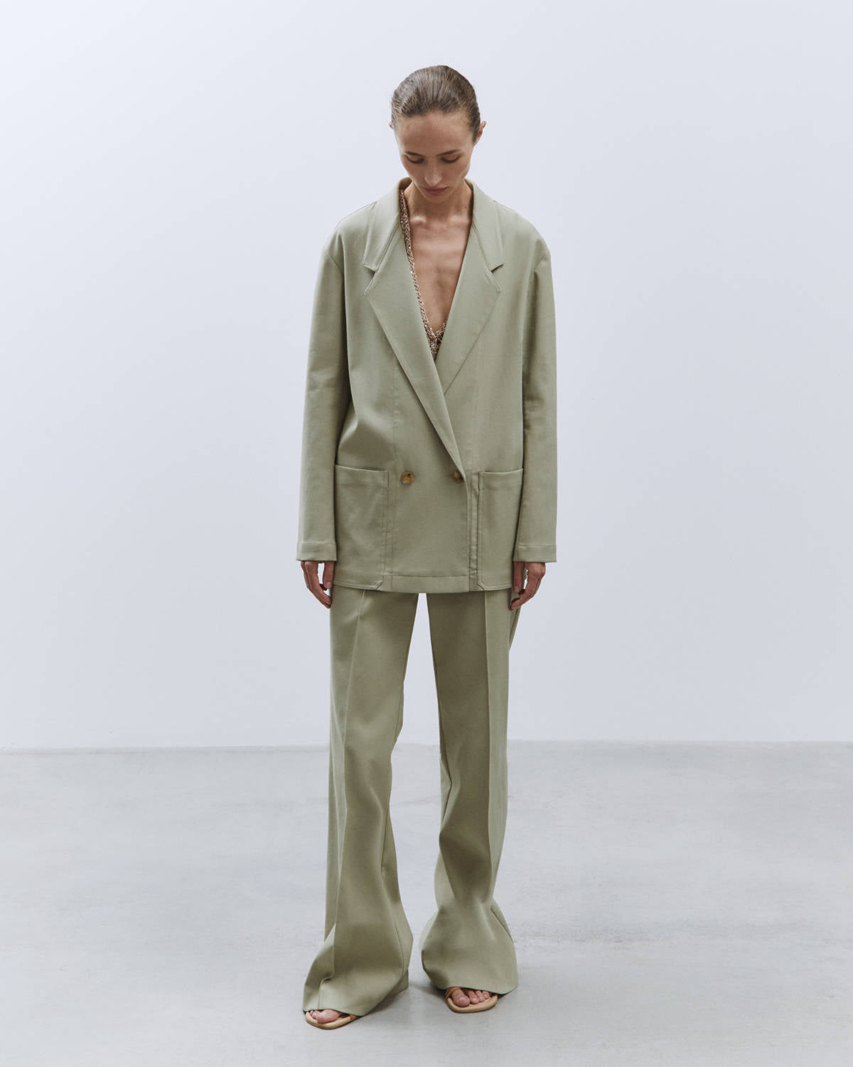 DOUBLE BREASTED BLAZER WITH TOPSTITCHING Sage
