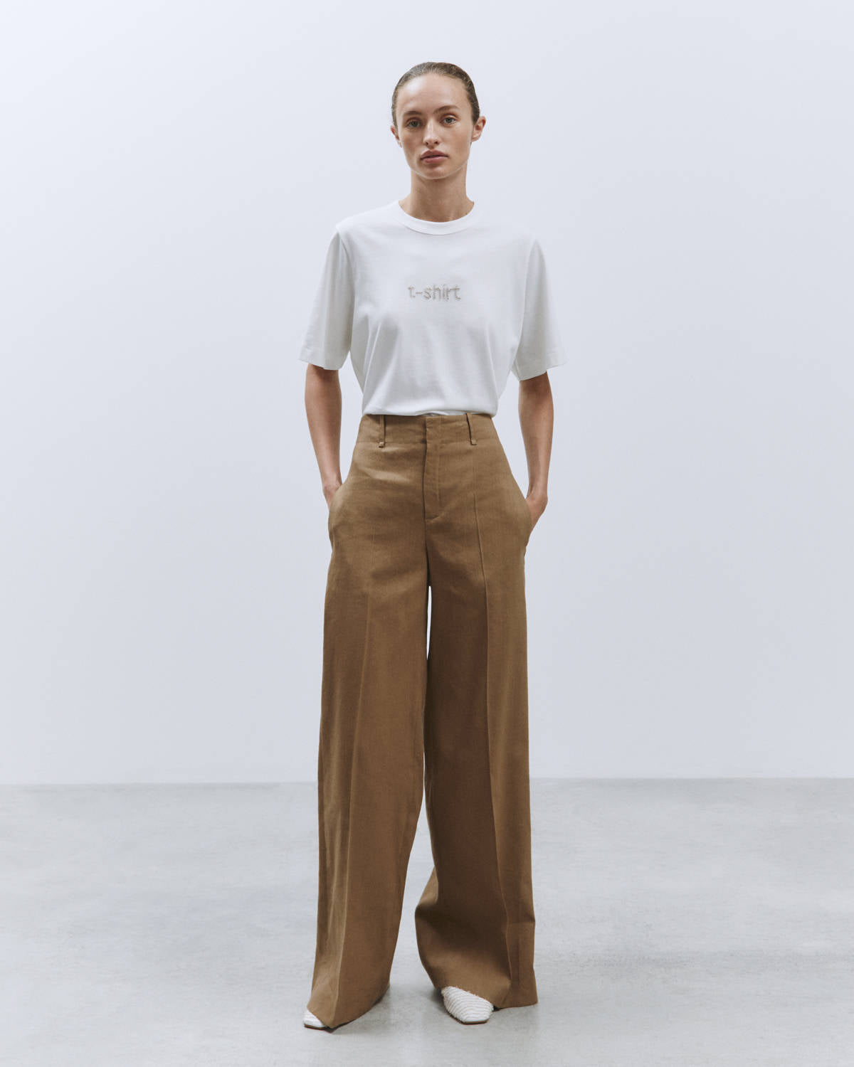 WIDE LEG LINEN STRETCH WALNUT PANTS
