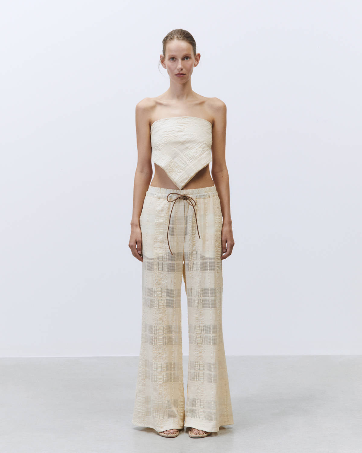 CHECK A JOUR FLARED TROUSERS Cream