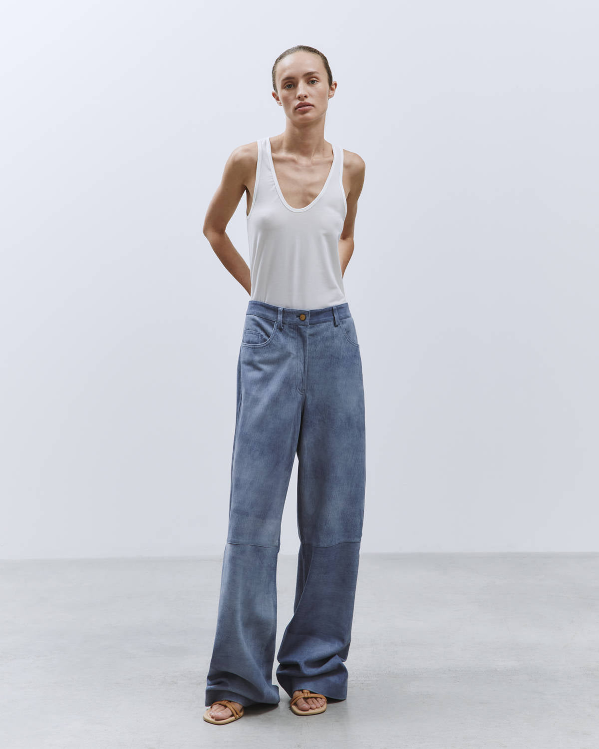 FIVE POCKET WIDE LEG LEATHER DENIM EFFECT denim