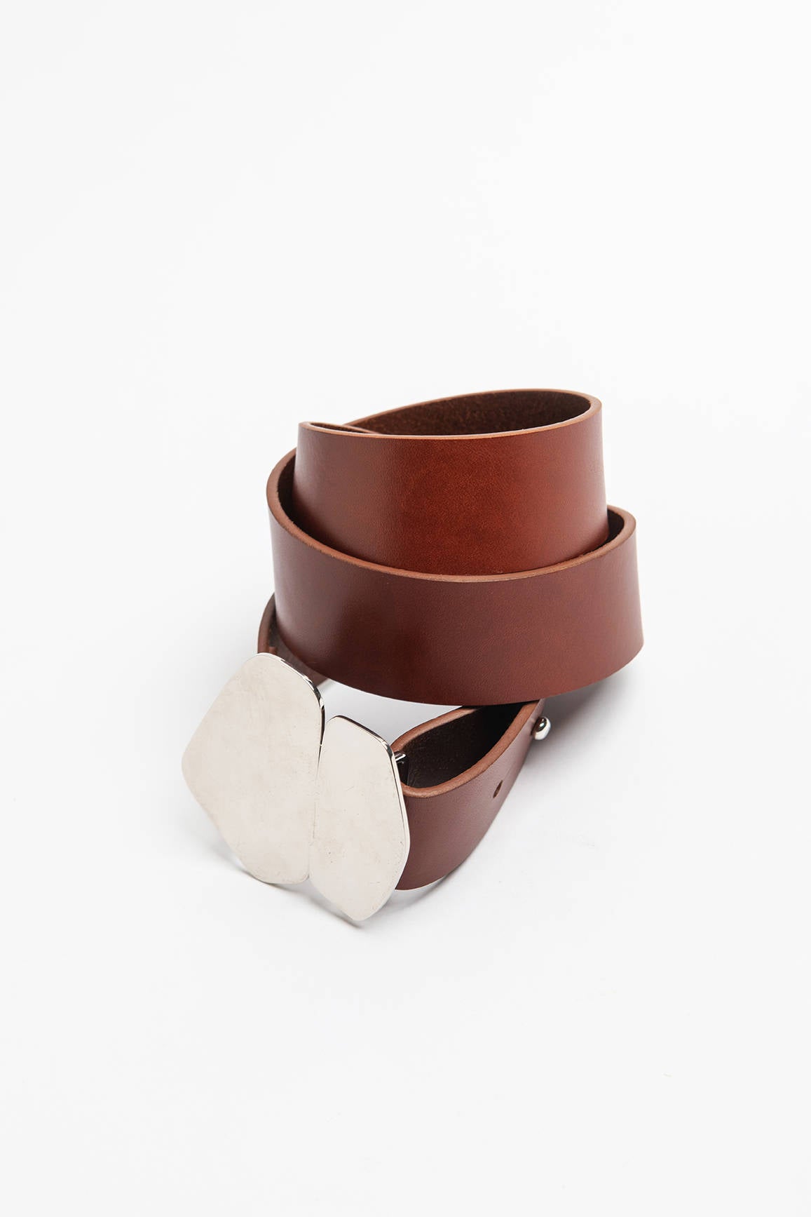 LEATHER BELT WITH MIRROR PLATE BUCKLE DARK BROWN