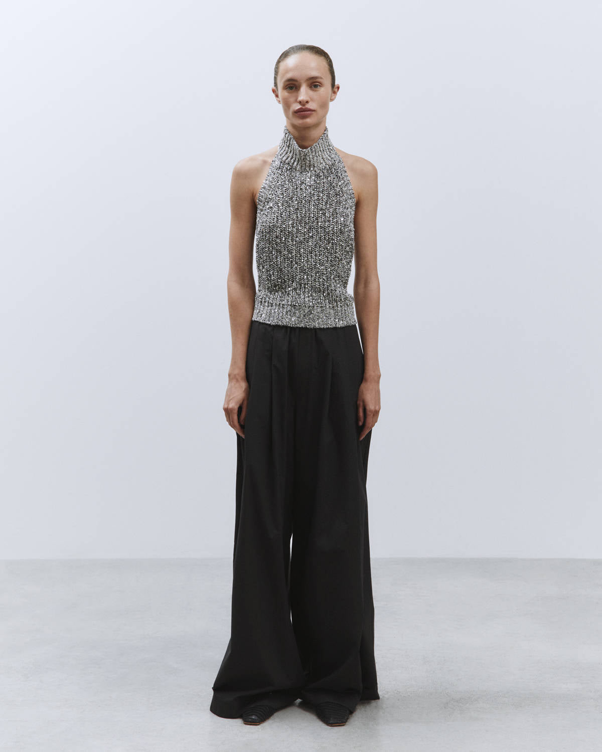 SEQUIN KNIT TOP WITH HALTER NECKLINE Black