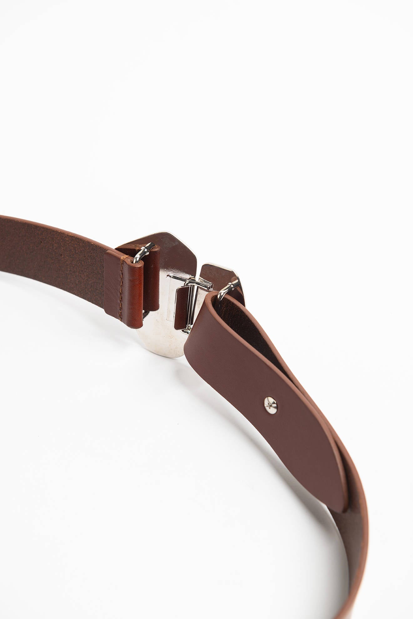 LEATHER BELT WITH MIRROR PLATE BUCKLE DARK BROWN