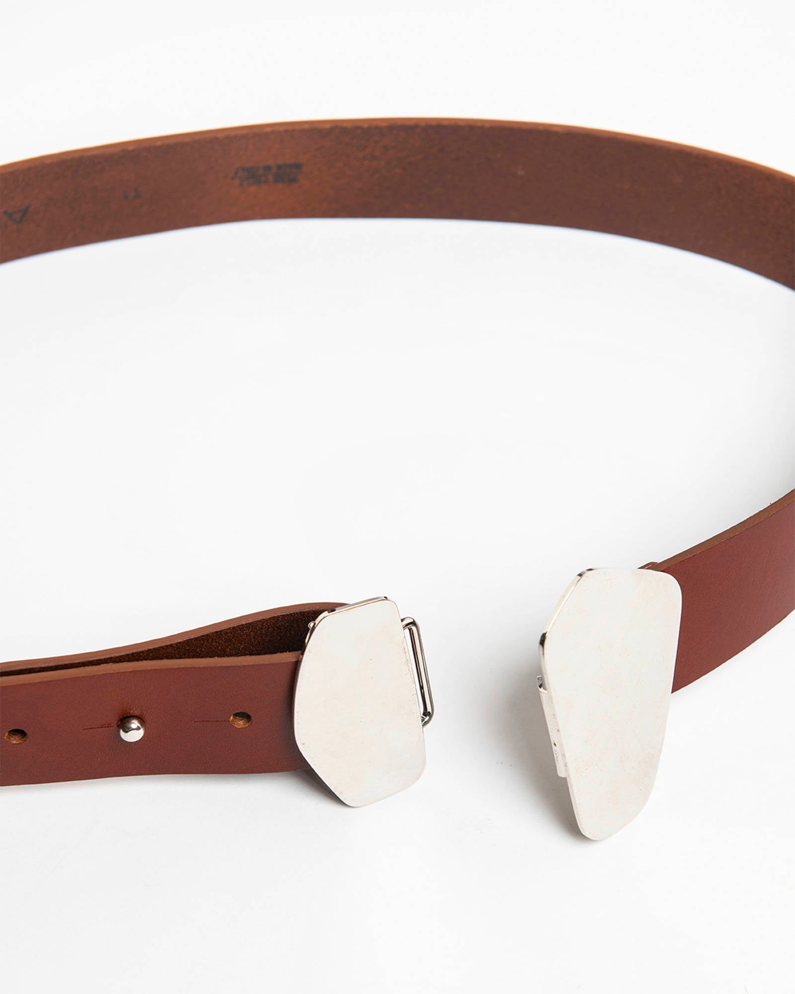 LEATHER BELT WITH MIRROR PLATE BUCKLE DARK BROWN