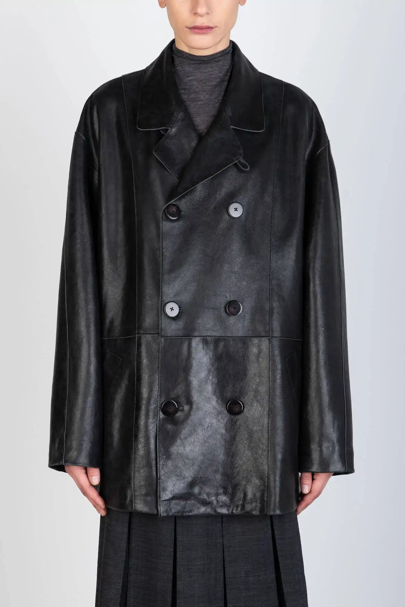 LEATHER PEA COAT