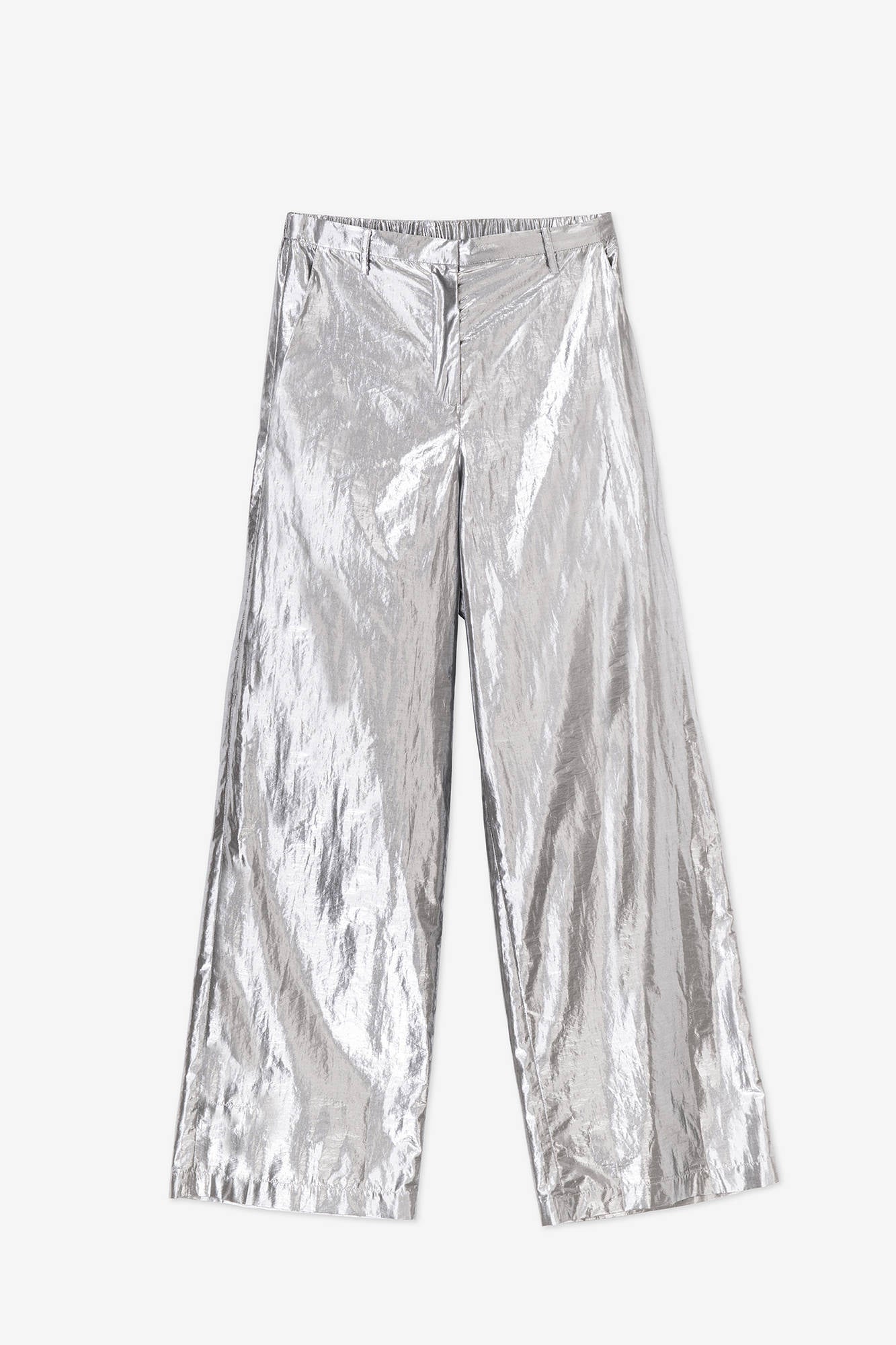 LIGHT SHINY PALAZZO SILVER TROUSERS