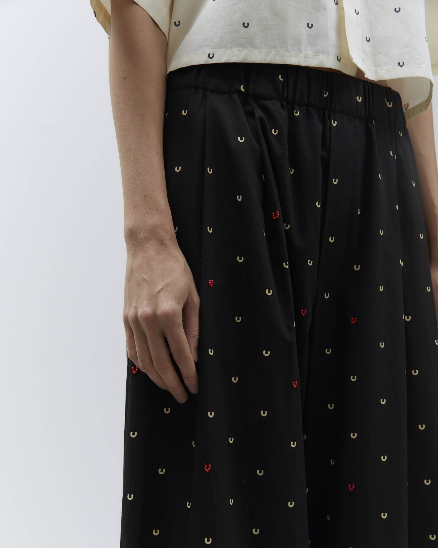 WIDE LEG POPELINE EMBROIDERED PANTS Black