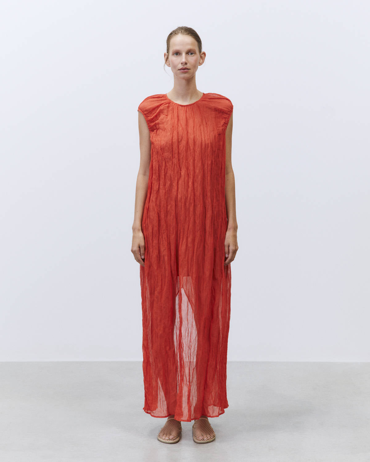 METALLIC GAUZE LOUNGETTE DRESS Coral