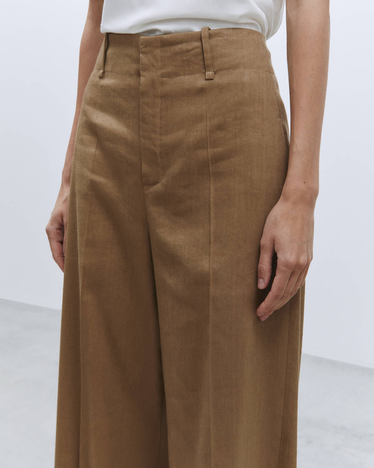 WIDE LEG LINEN STRETCH WALNUT PANTS