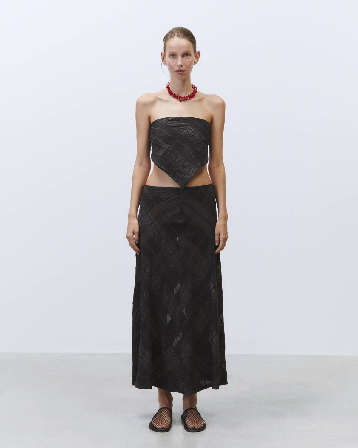 CHECK A JOUR MIDI SKIRT Black