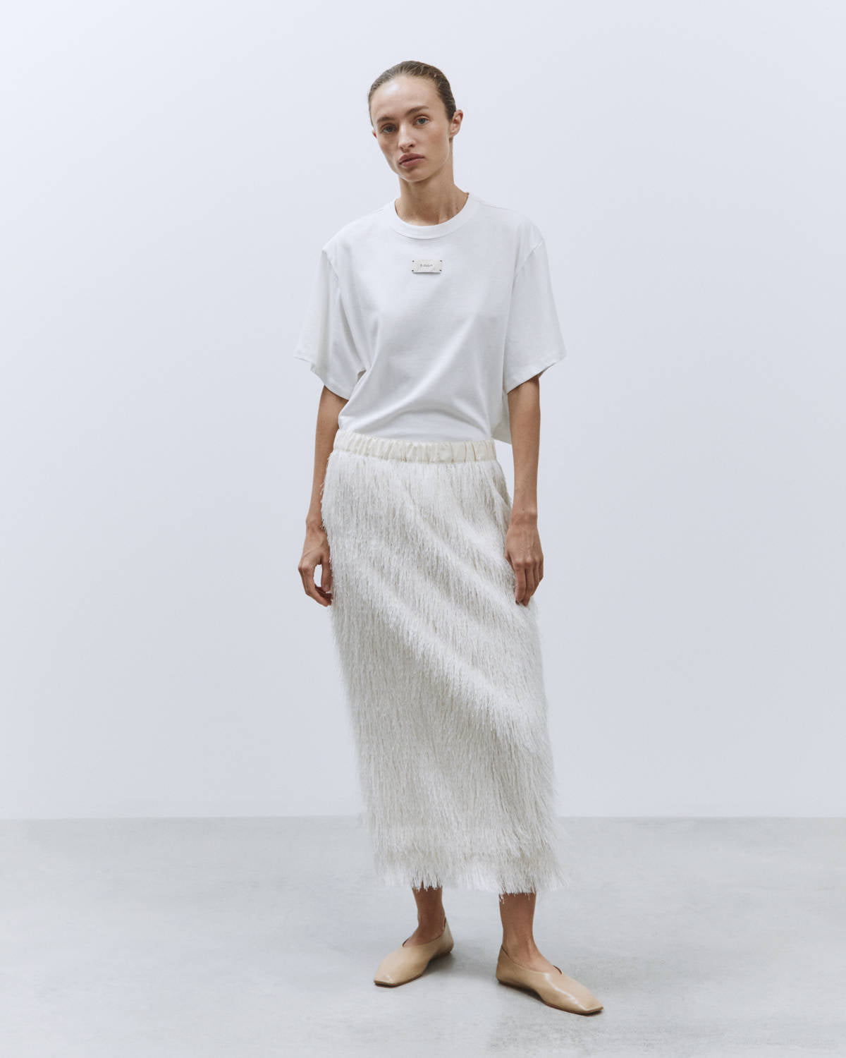 MIDI SKIRT IN MERINGUE FRINGE FABRIC