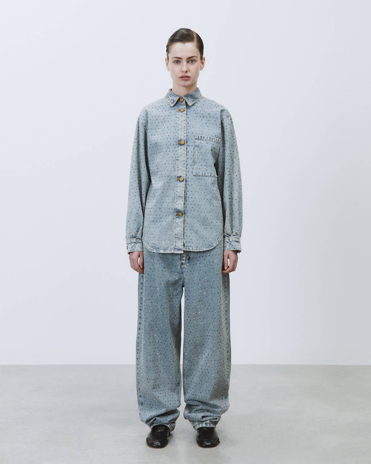DENIM SHIRT WITH RHINESTONE APPLICATIONS