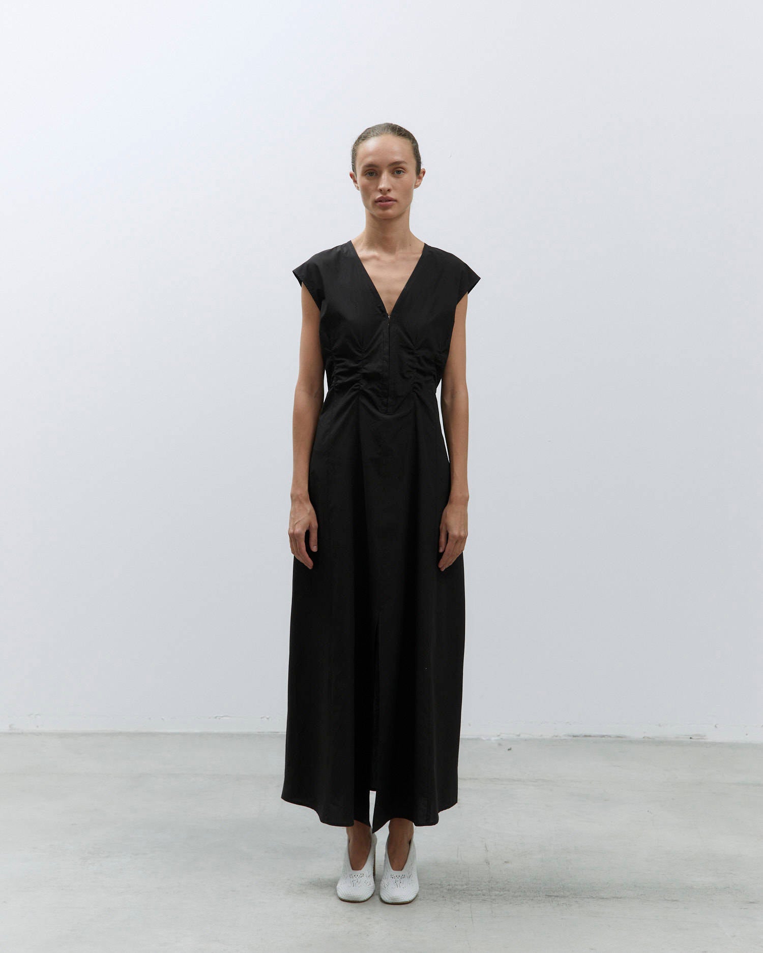 POPLIN DRESS WITH RUFFLED BUST Black