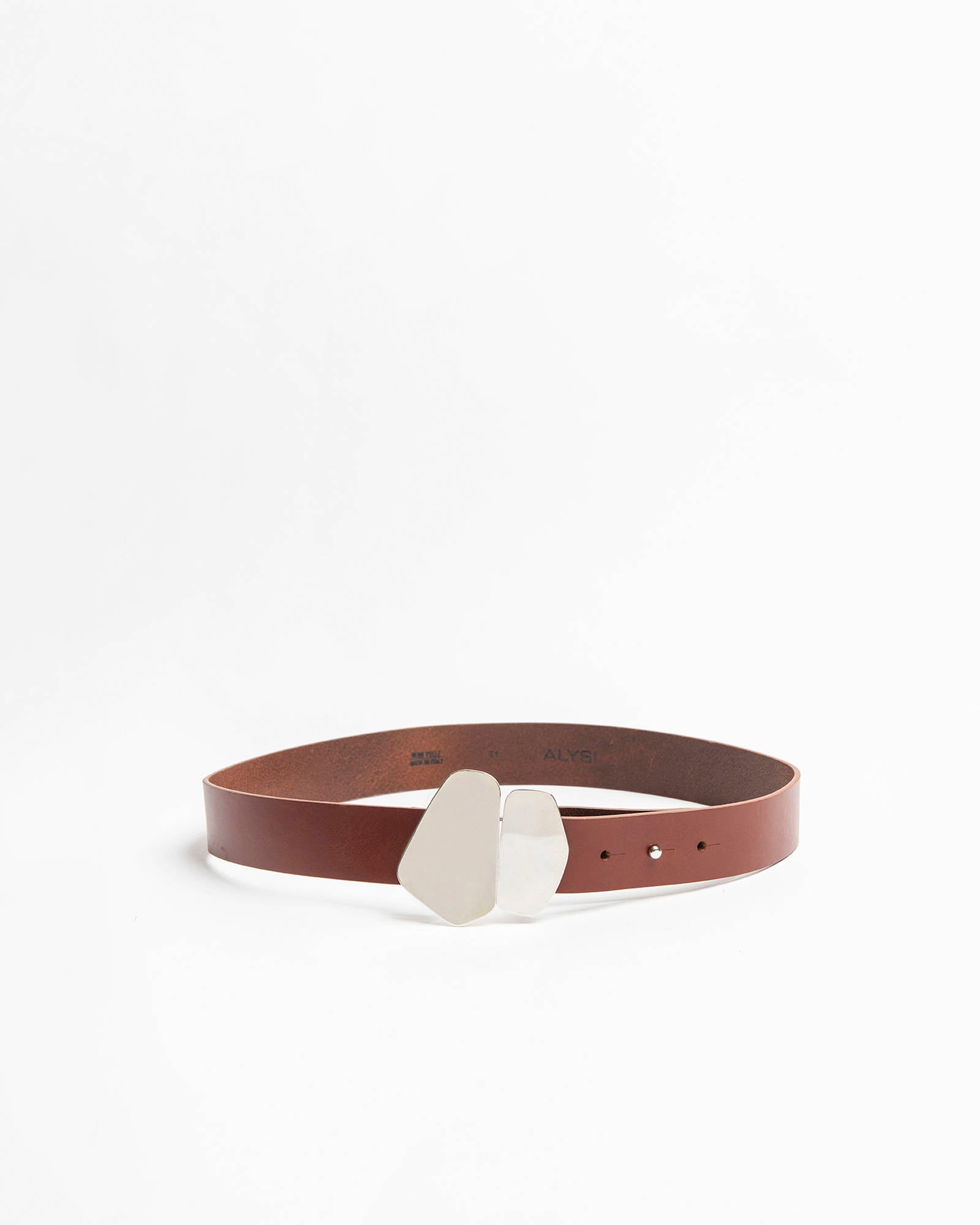 LEATHER BELT WITH MIRROR PLATE BUCKLE DARK BROWN